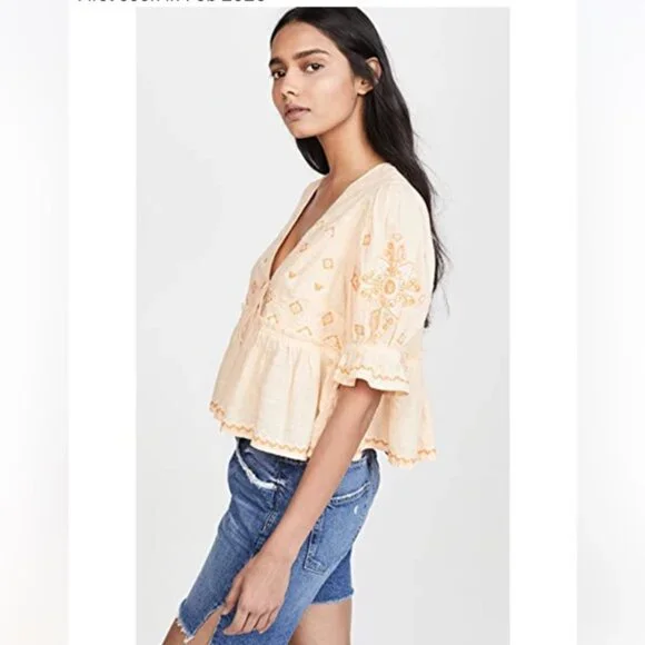 Free People Tallulah Embroidery Boho Crop Cotton Top Blouse XL Flowy Puff Sleeve - Picture 12 of 16